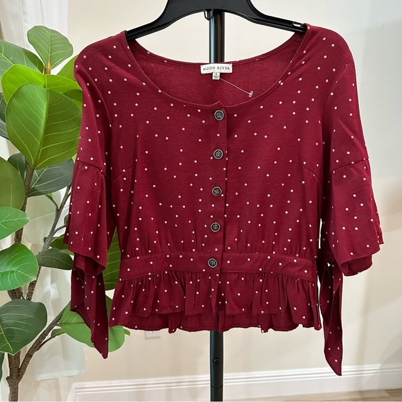 Maroon Button Up Polka Dot Top Size Small - Picture 1 of 4